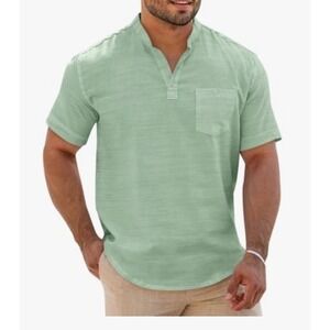 Runcati Mens Henley Band Collar Short Sleeve Textured Mint Shirt Size L